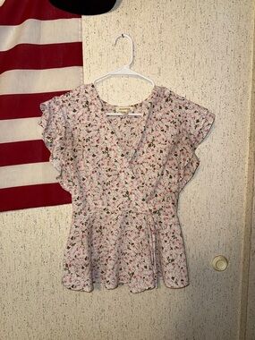 Pink & Green Floral Wrap Peplum Top